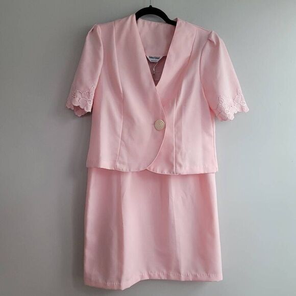Vintage 80s pastel pink suit skirt set office retro business professional - Picture 1 of 15